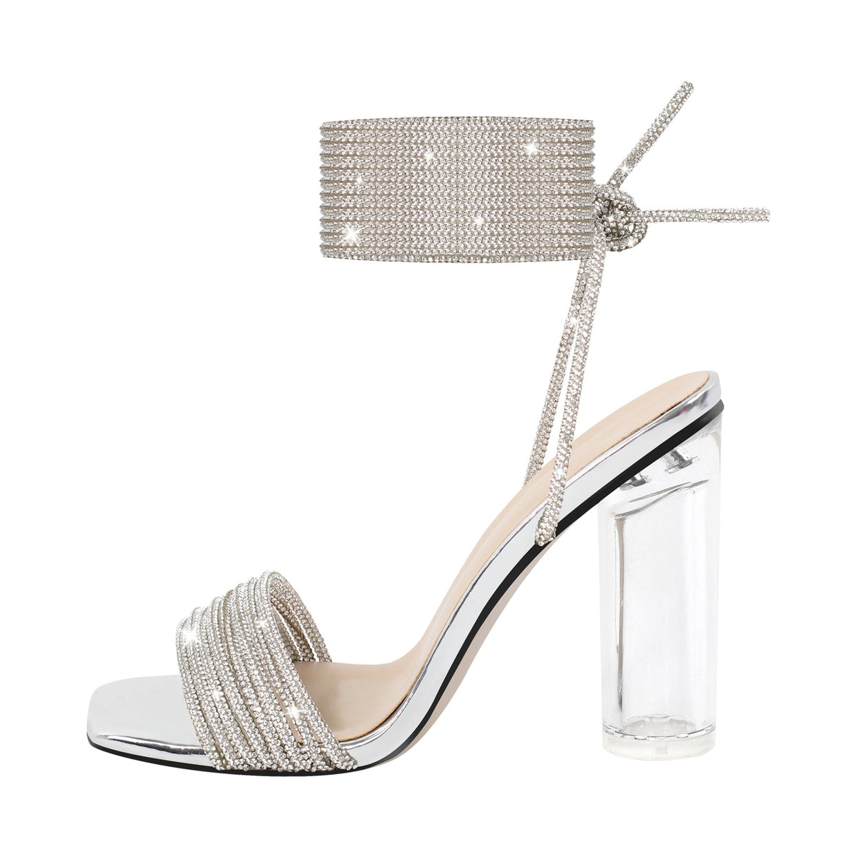 Strap Rhinestone Clear Chunky Heel Lace-up Sandals - Onlymaker Everyday