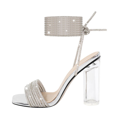 Strap Rhinestone Clear Chunky Heel Lace-up Sandals - Onlymaker Everyday