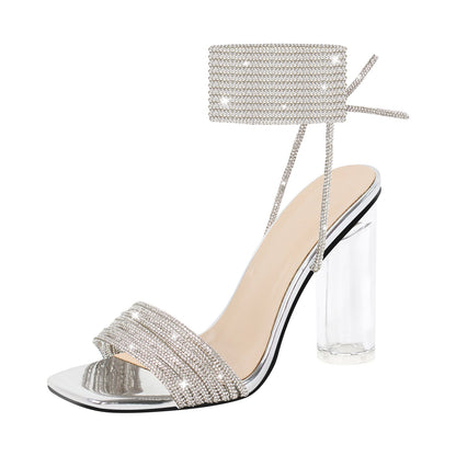 Strap Rhinestone Clear Chunky Heel Lace-up Sandals - Onlymaker Everyday
