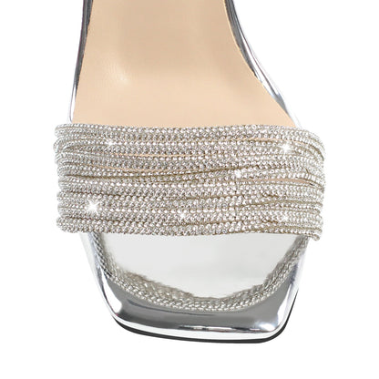 Strap Rhinestone Clear Chunky Heel Lace-up Sandals - Onlymaker Everyday