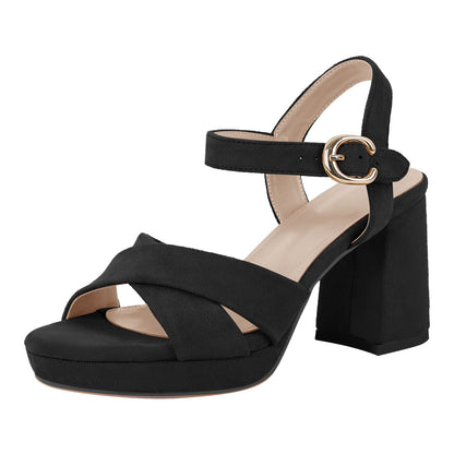 Suede Round Toe Platform Buckle Strap Sandals - Onlymaker Exclusive