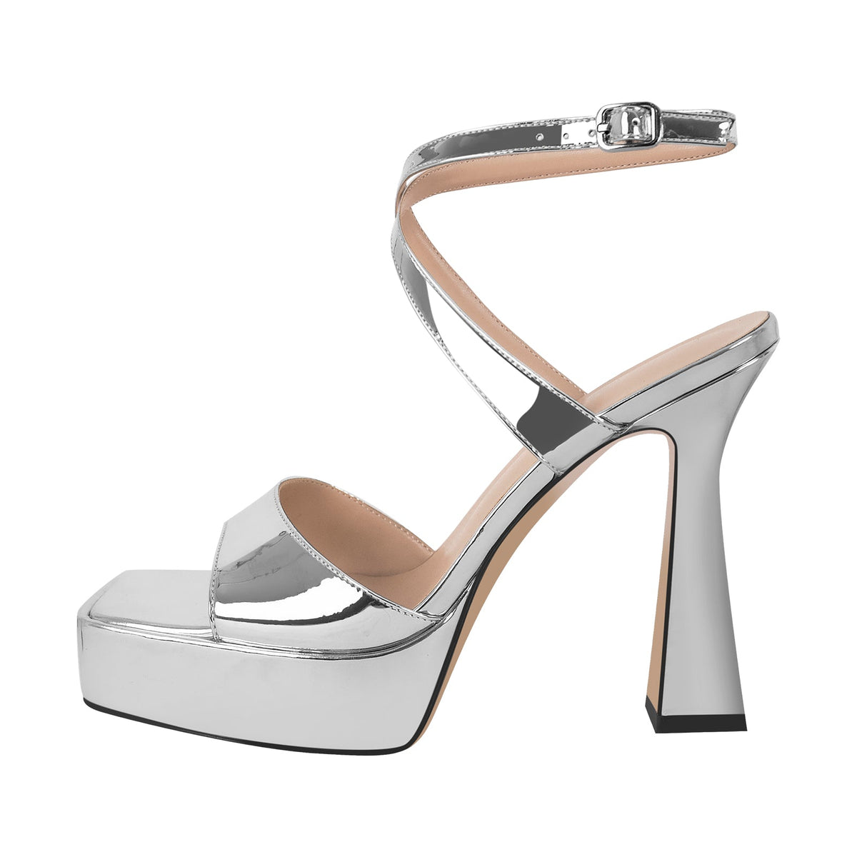 Square Toe Ankle Strap Silver Sandals - Onlymaker Premium