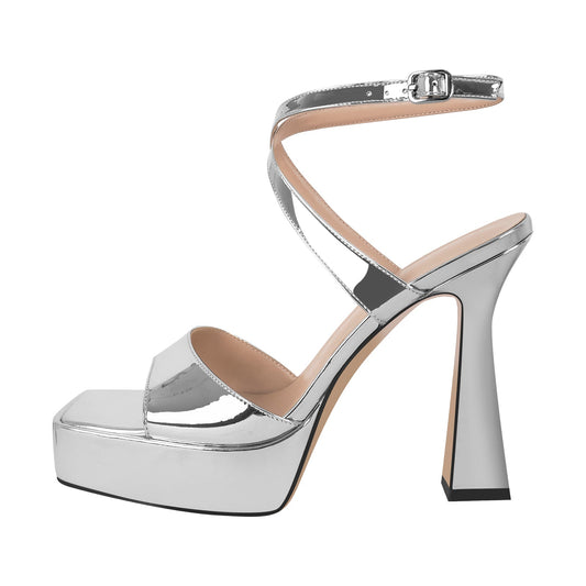 Square Toe Ankle Strap Silver Sandals - Onlymaker Premium