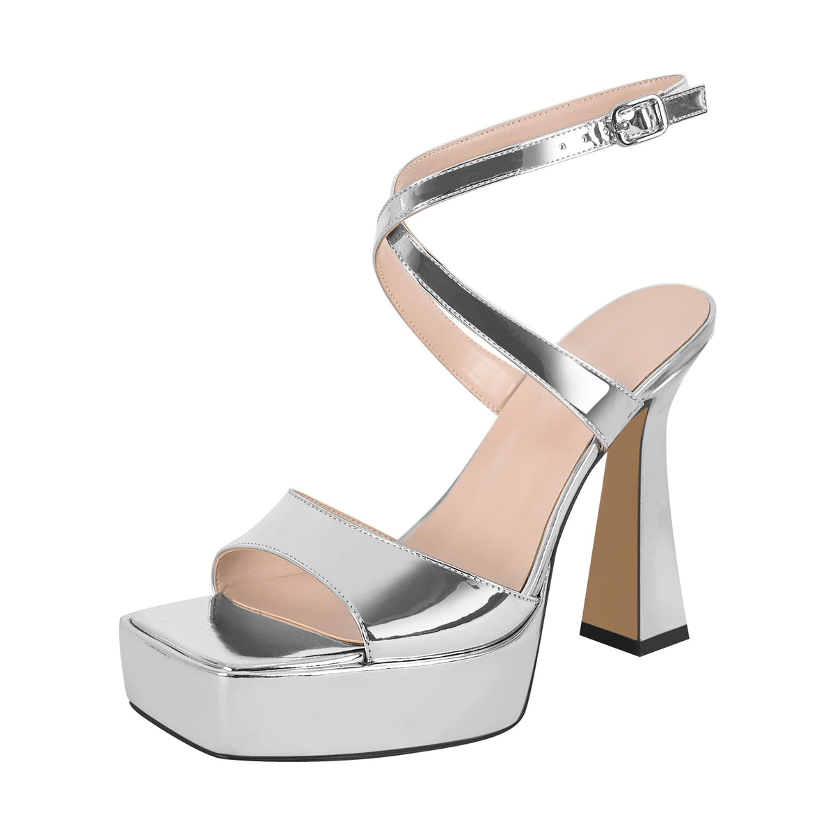 Square Toe Ankle Strap Silver Sandals - Onlymaker Premium