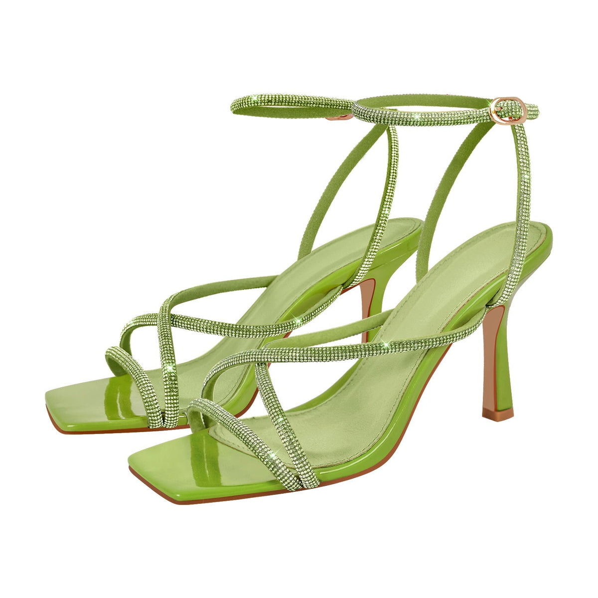 Square Toe Rhinestone Ankle Strap Stiletto Sandals - Onlymaker Customer Favorite