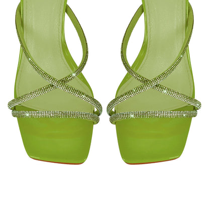 Square Toe Rhinestone Ankle Strap Stiletto Sandals - Onlymaker Customer Favorite