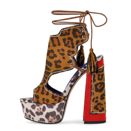 Leopard Rhinestone Tassel Lace-up Platform Sandals - Onlymaker Best Seller