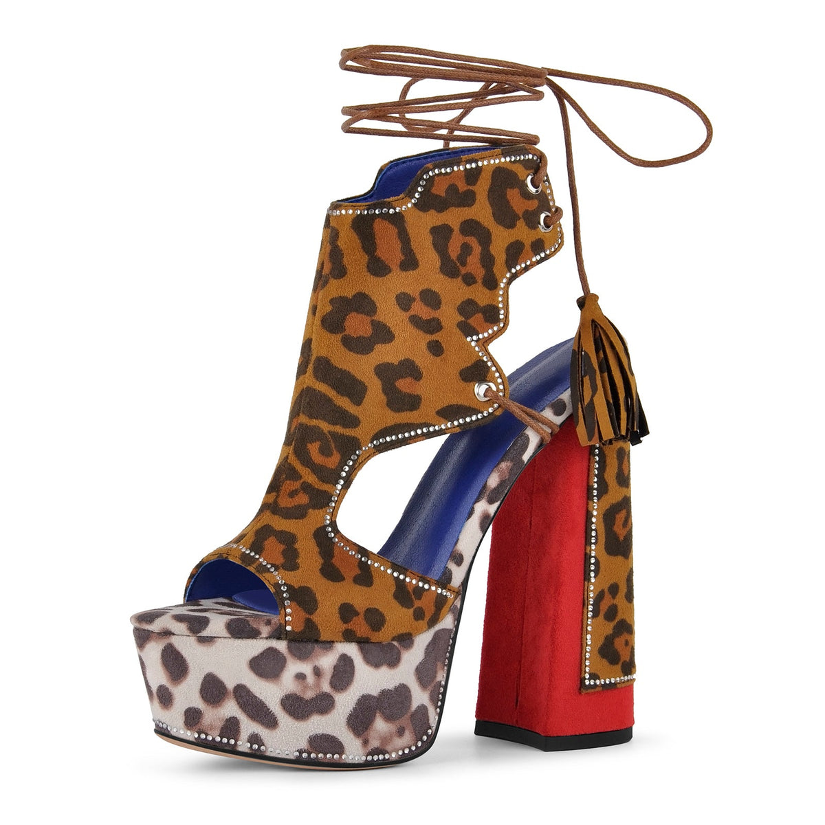 Leopard Rhinestone Tassel Lace-up Platform Sandals - Onlymaker Best Seller