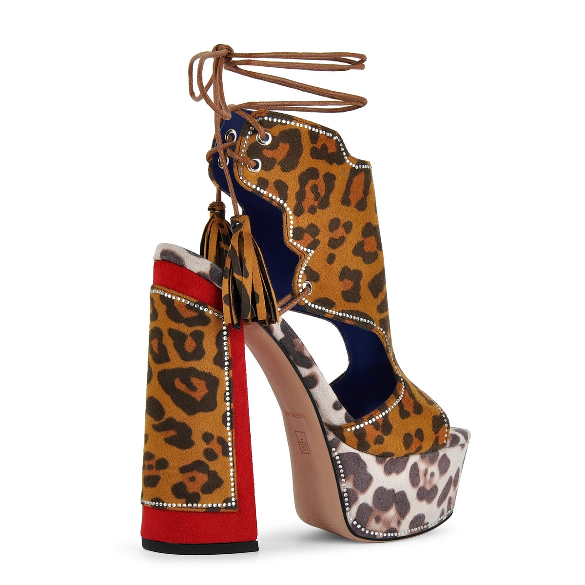 Leopard Rhinestone Tassel Lace-up Platform Sandals - Onlymaker Best Seller
