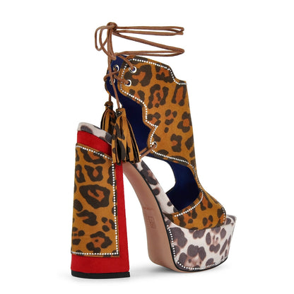 Leopard Rhinestone Tassel Lace-up Platform Sandals - Onlymaker Best Seller