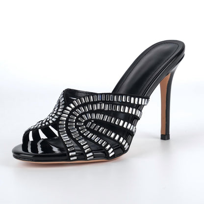 Round Toe Rhinestone Stiletto Mules - Onlymaker Discount