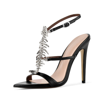 Pointed Toe Metal Fishbone Rhinestone Ankle Strap Sandals - Onlymaker Trusted