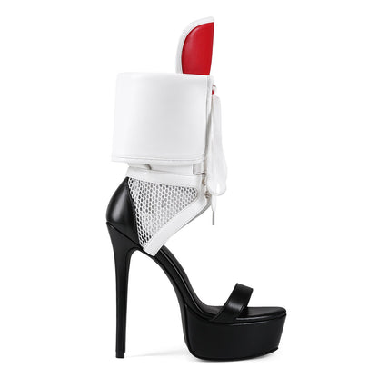 Platform Cutout Mesh Lace-up Ankle Cuff Bootie Sandals - Onlymaker Quality
