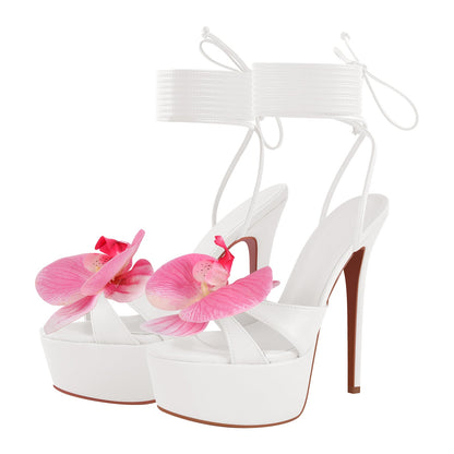 Round Toe Flower Platform Lace-up Stiletto Sandals - Onlymaker Featured