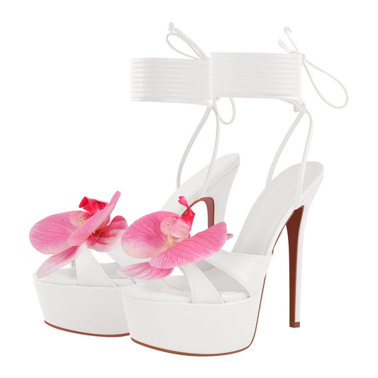 Round Toe Flower Platform Lace-up Stiletto Sandals - Onlymaker Featured