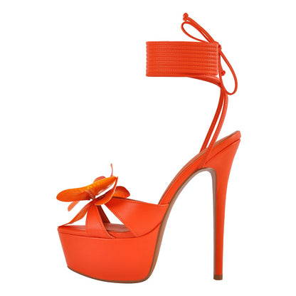 Round Toe Flower Platform Lace-up Stiletto Sandals - Onlymaker Featured
