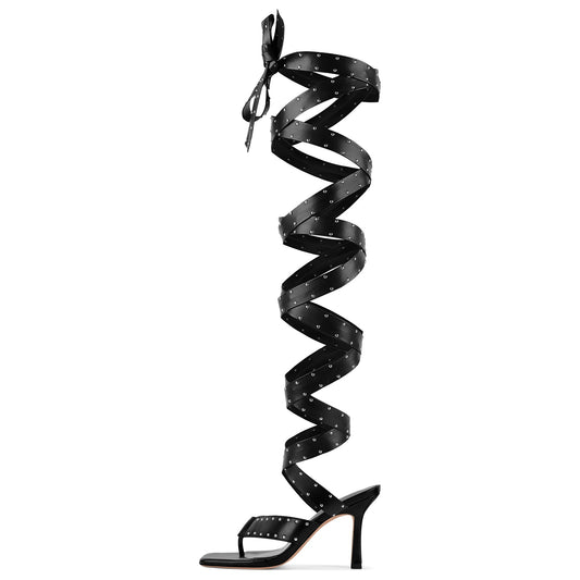 Square Toe Thong Rivet Strappy Lace-up Sandals - Onlymaker Exclusive