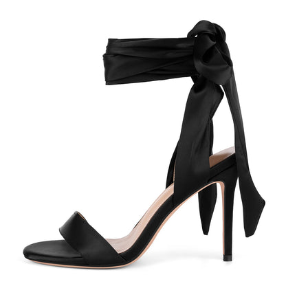 Round Toe Satin Lace-up Stiletto Sandals - Onlymaker Featured