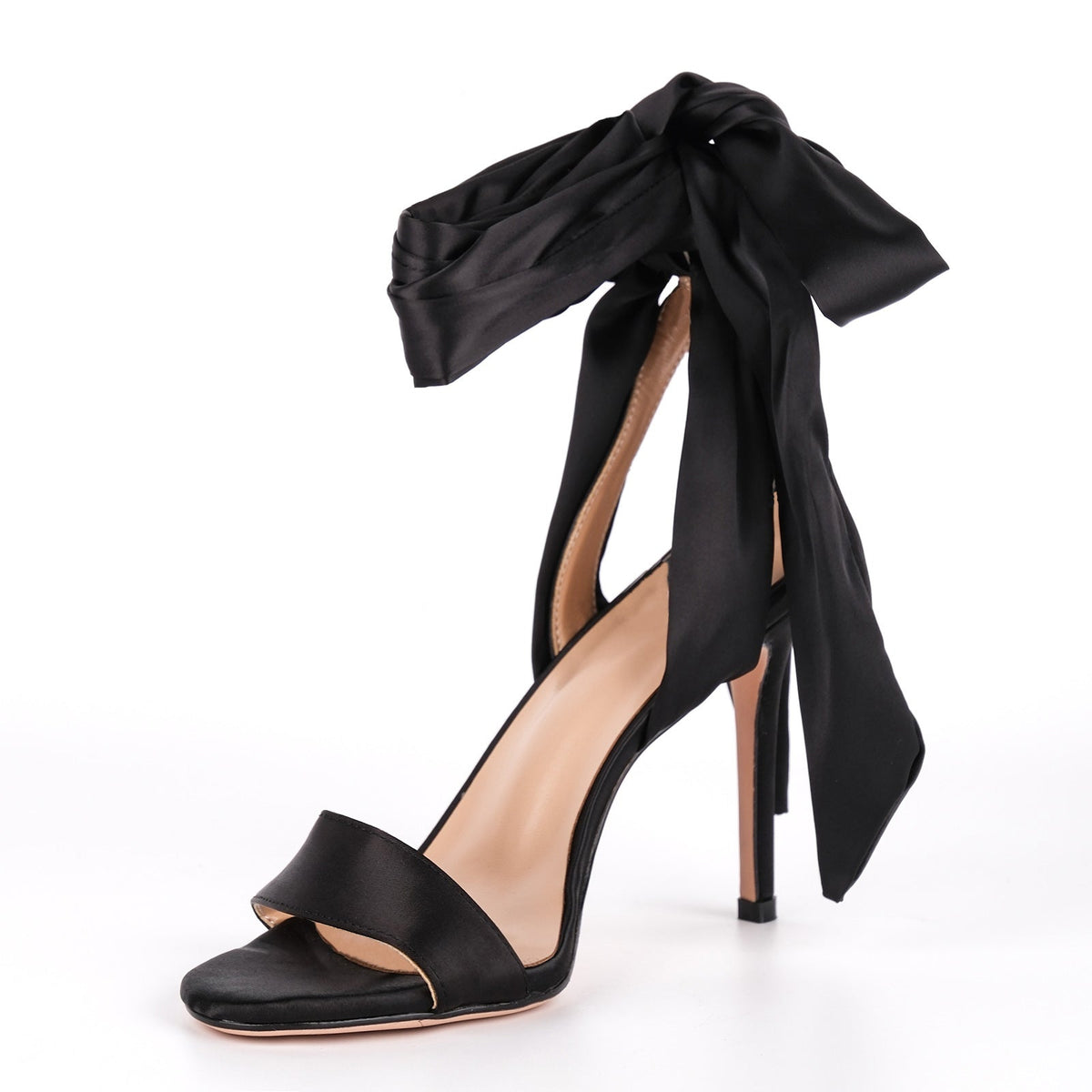 Round Toe Satin Lace-up Stiletto Sandals - Onlymaker Featured