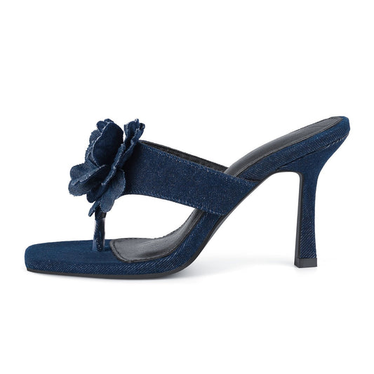 Square Toe Flower Denim Flip Flops Sandals - Onlymaker Best Seller