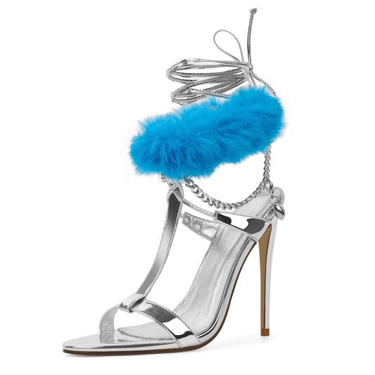 Round Toe Fur Metal Chain Lace-up Sandals - Onlymaker Best Price