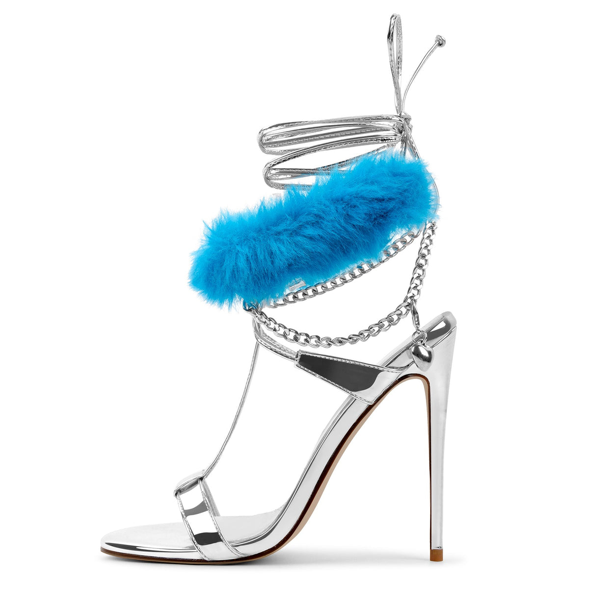 Round Toe Fur Metal Chain Lace-up Sandals - Onlymaker Best Price