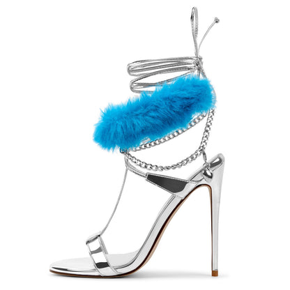 Round Toe Fur Metal Chain Lace-up Sandals - Onlymaker Best Price