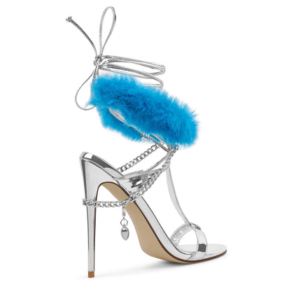 Round Toe Fur Metal Chain Lace-up Sandals - Onlymaker Best Price