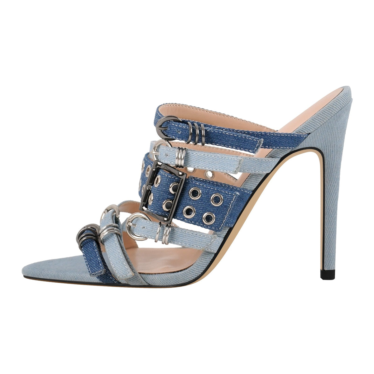 Denim Pointed Toe Buckle Straps Mules - Onlymaker Customer Favorite