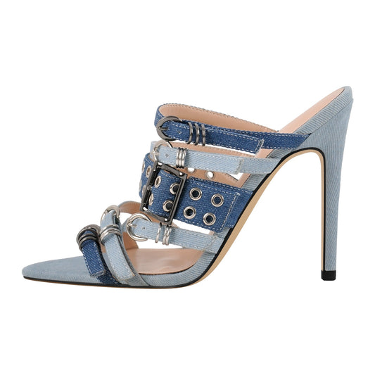 Denim Pointed Toe Buckle Straps Mules - Onlymaker Customer Favorite