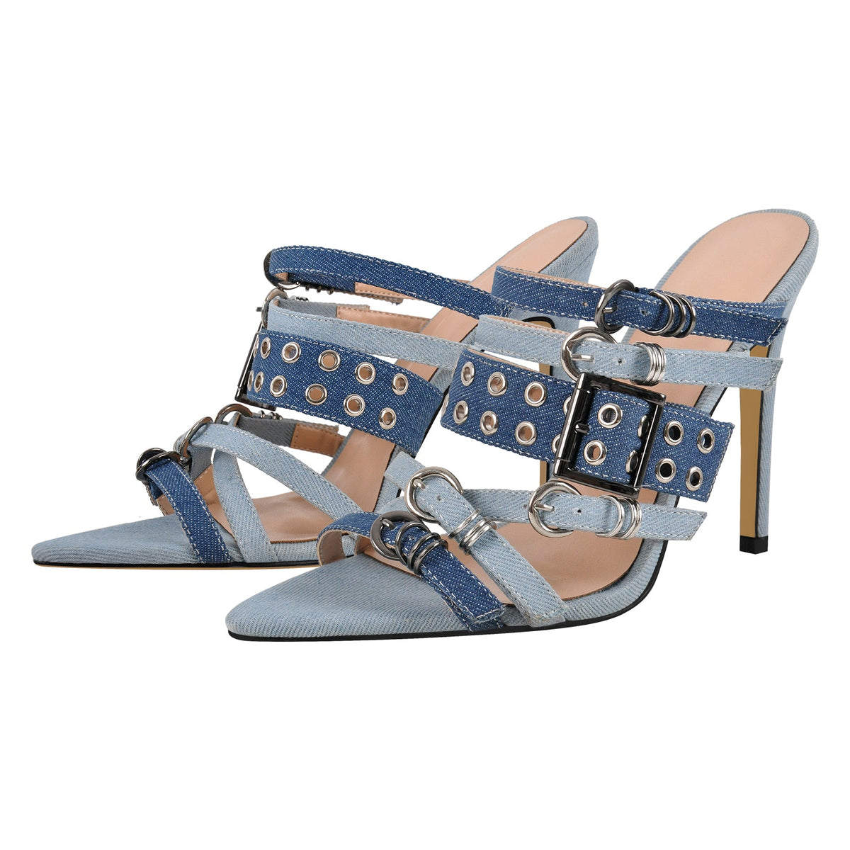 Denim Pointed Toe Buckle Straps Mules - Onlymaker Customer Favorite