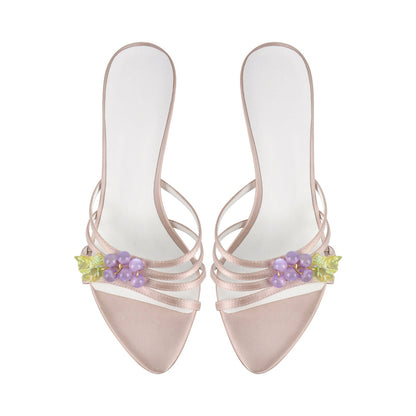 Pointed Toe Satin Grape Bead Embellished Mules - Onlymaker Value