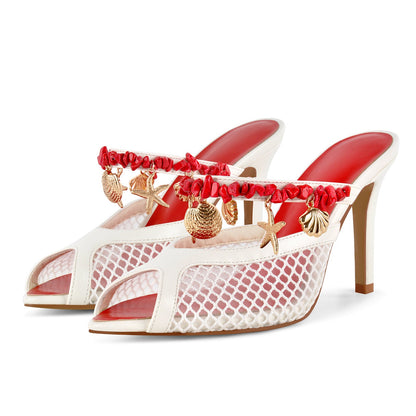 Peep Toe Mesh Ocean Pendant Mule Sandals - Onlymaker Smart Buy