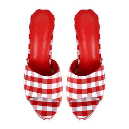 Round Toe Platform Plaid Chunky Heel Mules - Onlymaker Recommended