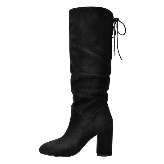 Black Suede Round Toe Chunky Heels Boots - Onlymaker Trending