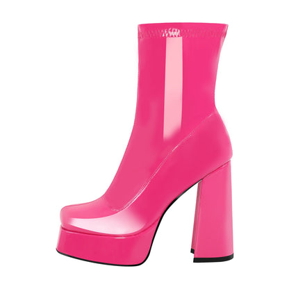 Patent Leather Square Toe Chunky Heel Ankle Boots - Onlymaker Everyday