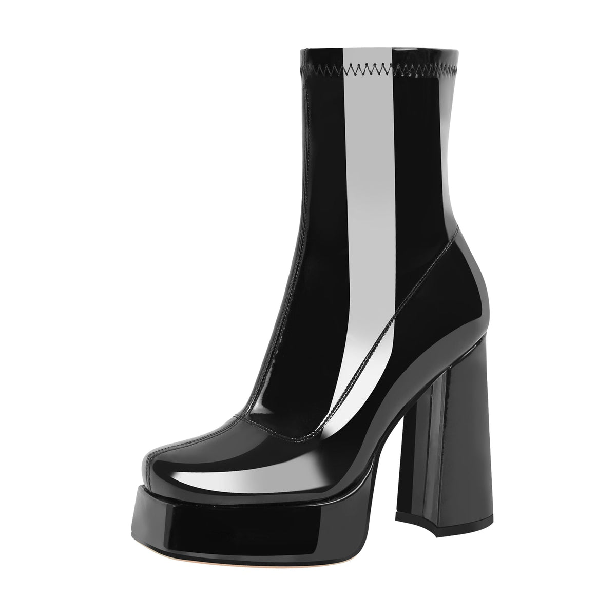 Patent Leather Square Toe Chunky Heel Ankle Boots - Onlymaker Everyday
