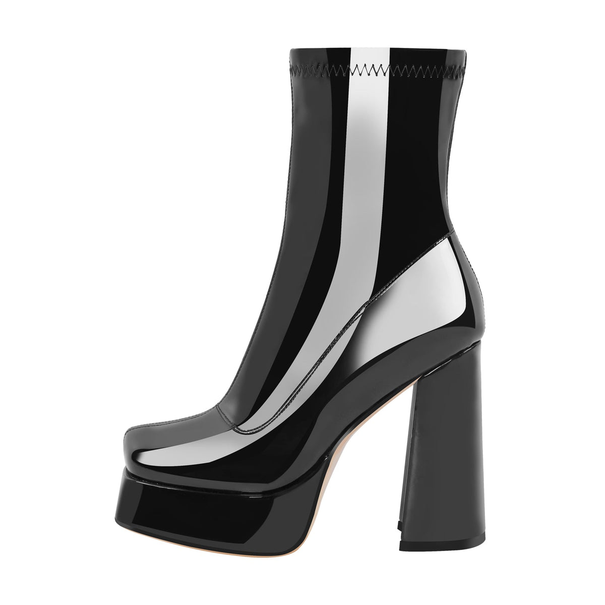 Patent Leather Square Toe Chunky Heel Ankle Boots - Onlymaker Everyday