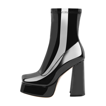 Patent Leather Square Toe Chunky Heel Ankle Boots - Onlymaker Everyday