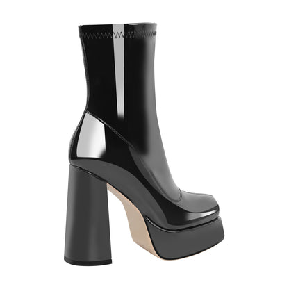Patent Leather Square Toe Chunky Heel Ankle Boots - Onlymaker Everyday