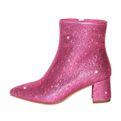 Rhinestone Pointed Toe Chunky Heel Ankle Boots - Onlymaker Latest