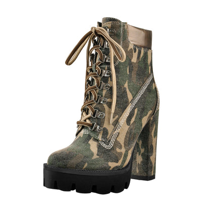 Camouflage Round Toe Platform Chunky Heels Ankle Boots - Onlymaker Deals