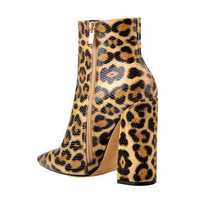 Leopard Pointed Toe High Heels Chunky Block Ankle Booties - Onlymaker Best Price