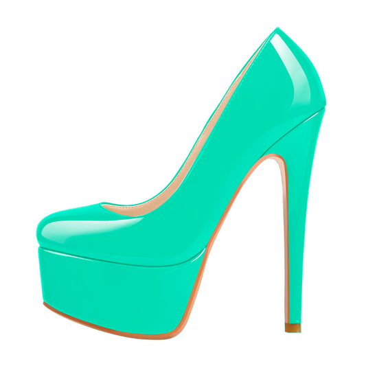 Patent Leather Rounde Toe Platform Green Stiletto High Heels Pumps - Onlymaker Customer Favorite