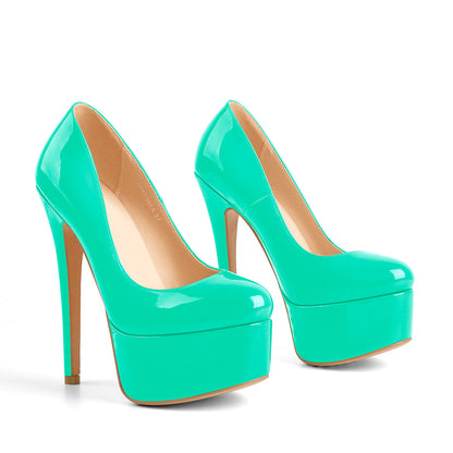 Patent Leather Rounde Toe Platform Green Stiletto High Heels Pumps - Onlymaker Customer Favorite