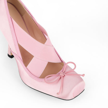 Square Toe Satin Bow Ballet Cross Strap Pumps - Onlymaker Quality