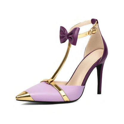 Pointed Toe Bow Ankle T-Strap High Heels - Onlymaker Sale