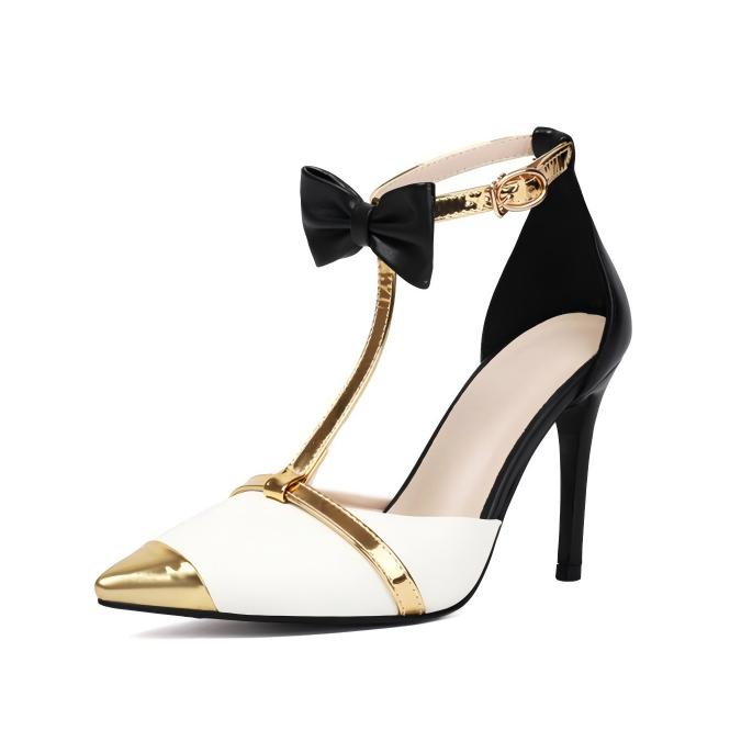 Pointed Toe Bow Ankle T-Strap High Heels - Onlymaker Sale
