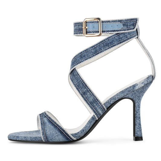 Round Toe Denim Cross Ankle Strap Sandals - Onlymaker Best Seller