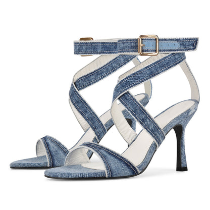 Round Toe Denim Cross Ankle Strap Sandals - Onlymaker Best Seller